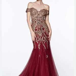 Strapless Burgundy and Gold Embellished Gown formal prom event